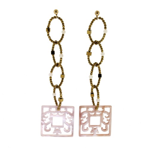 Orecchini lunghi Madreperla Agata Rosa Ematite Argento cod 299