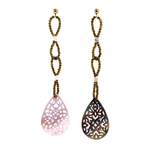 Orecchini lunghi Madreperla Agata Rosa Ematite Argento cod 303