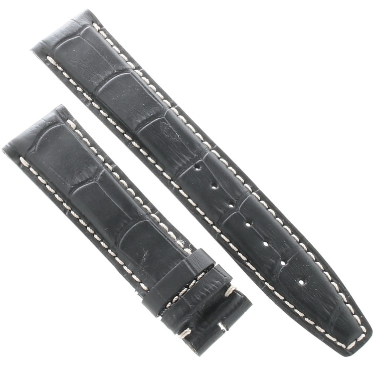 Cinturino Sartoriale Stampa Alligatore Nero Opaco 20/18 mm Punta piatta  filo bianco