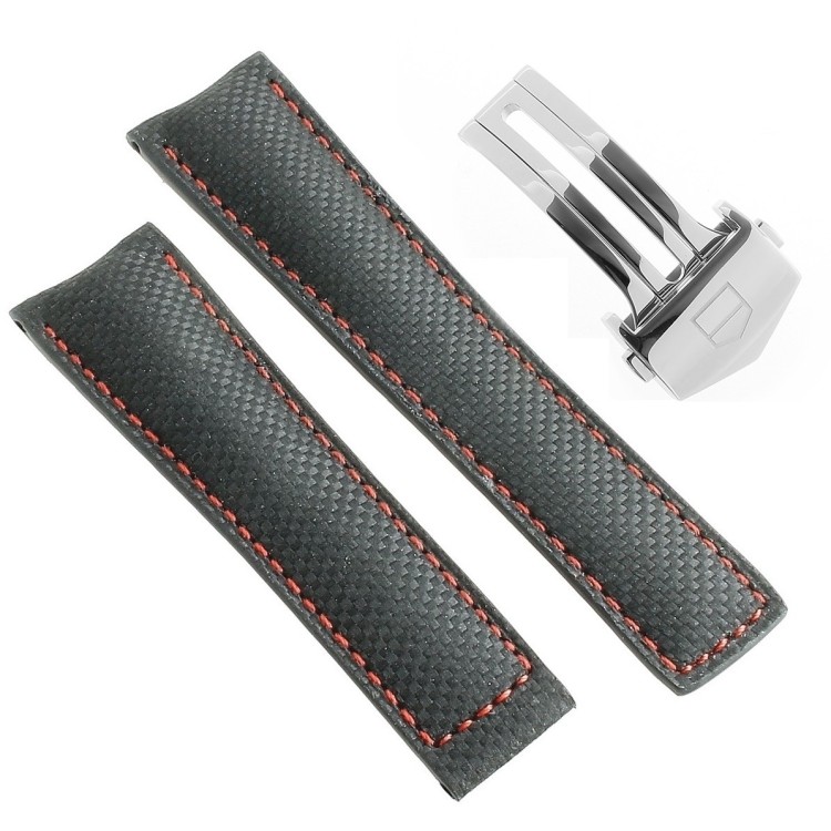 Tag Heuer Cinturino Pelle FC6256 FDA Nero carbon fiber misure 22/18 mm per Carrera