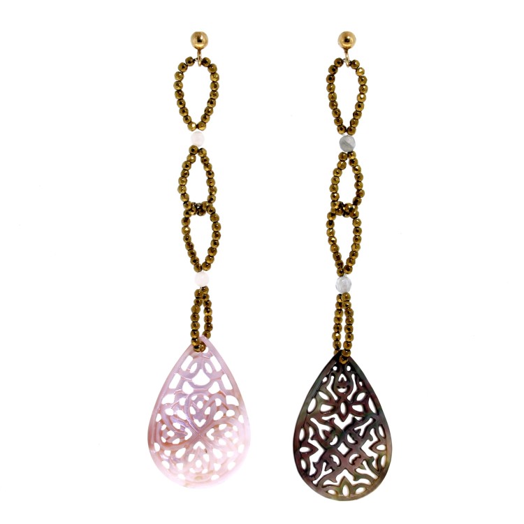 Orecchini lunghi Madreperla Agata Rosa Ematite Argento cod 303