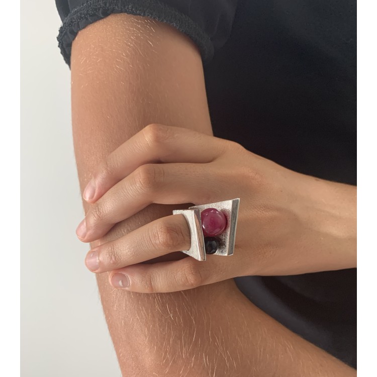 Anello BlackMax Onice nera e Quarzo rosso  sferica MAX2