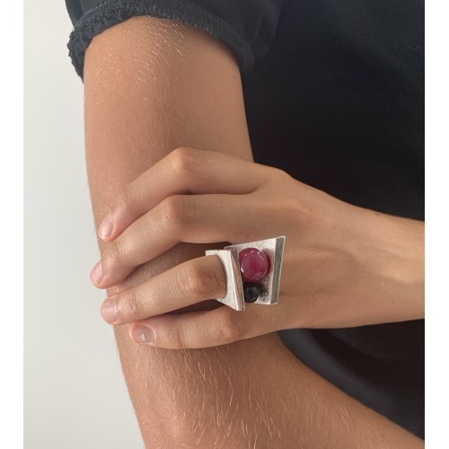 Anello BlackMax Onice nera e Quarzo rosso  sferica MAX2