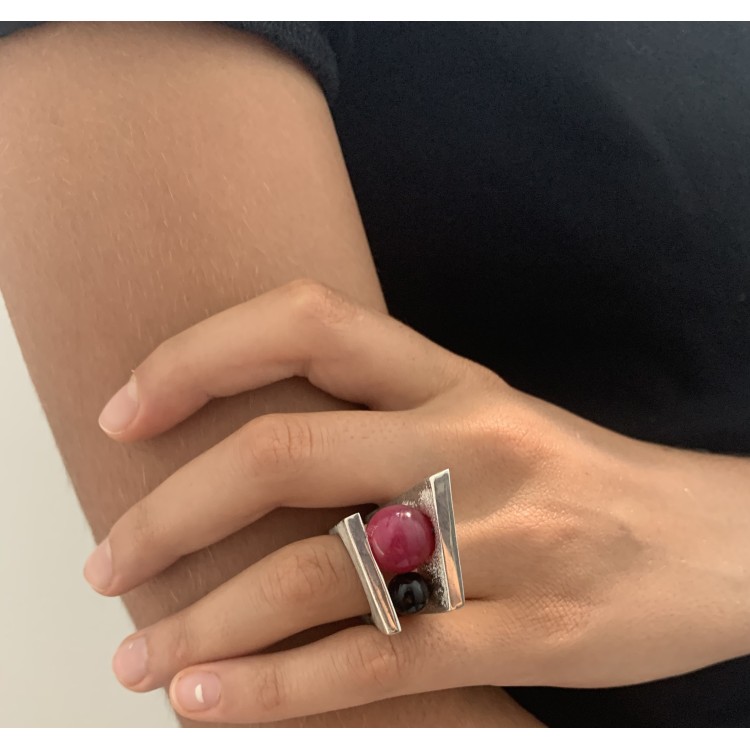 Anello BlackMax Onice nera e Quarzo rosso  sferica MAX2