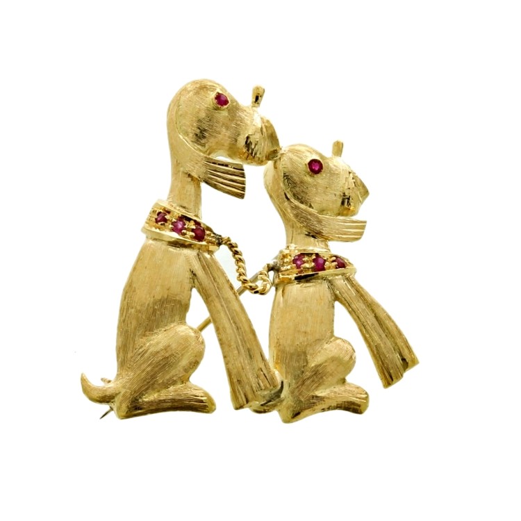 Spilla Barboncini misure 36 x 35 mm Rubini ct 0,12 Oro Giallo Satinato 750 18 kt 10,44 gr
