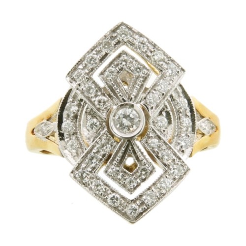 Anello Stile Antico Diamanti ART DECO Diamanti ct 0,48 F VVS Oro 18 kt