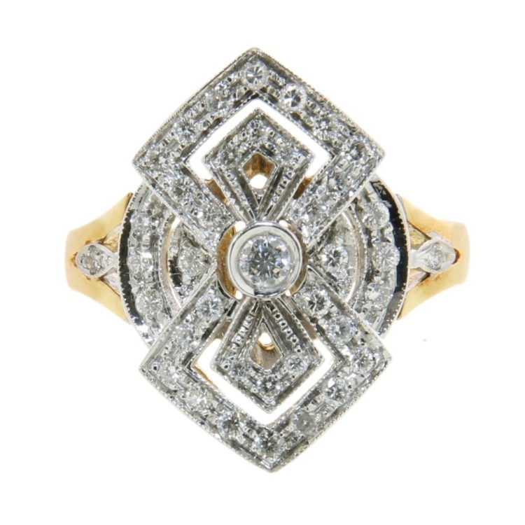 Anello Stile Antico Diamanti ART DECO ct 0,48 F VVS in Oro Bianco e Giallo 18 kt 6,74 gr
