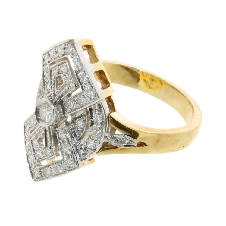Anello Stile Antico Diamanti ART DECO ct 0,48 F VVS in Oro Bianco e Giallo 18 kt 6,74 gr