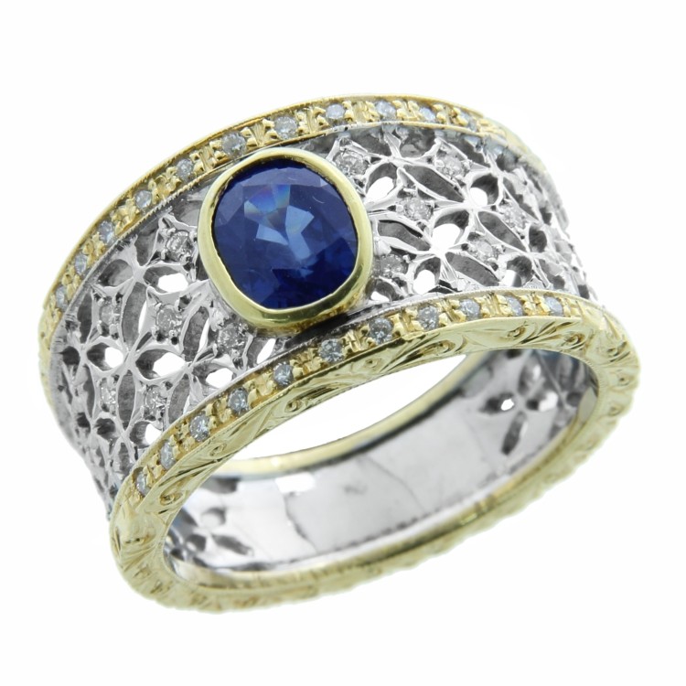 Anello Zaffiro Blu ct 1,36 Diamanti ct 0,26 F VVS Oro 18 kt