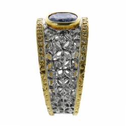 Anello Stile Antico Zaffiro Blu Diamanti ct 0,26 Oro 18 kt 2