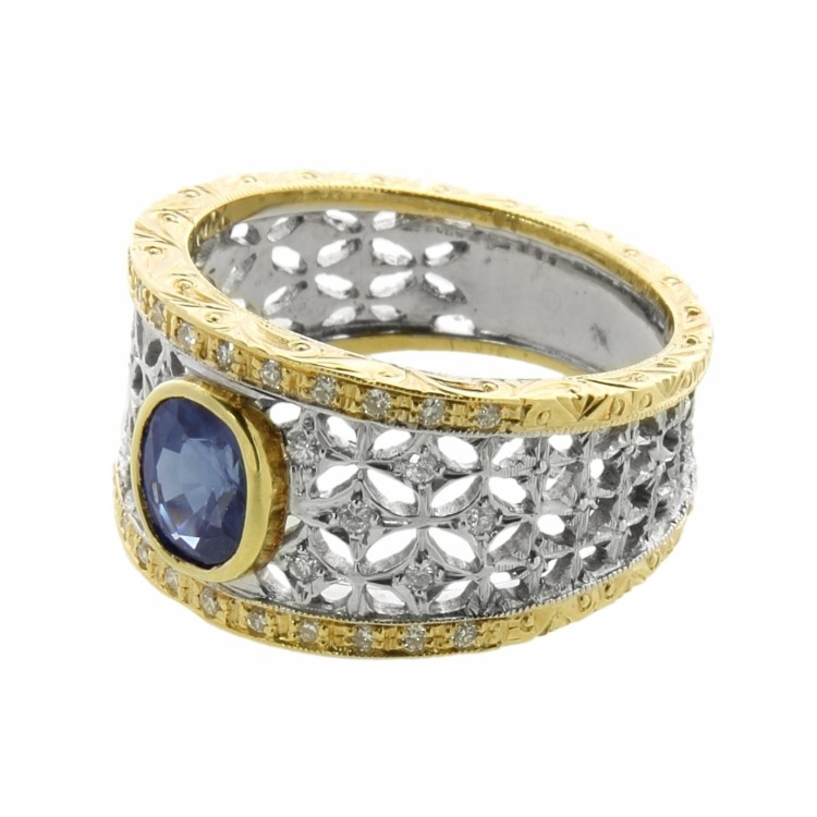 Anello Zaffiro Blu ct 1,36 Diamanti ct 0,26 F VVS Oro 18 kt