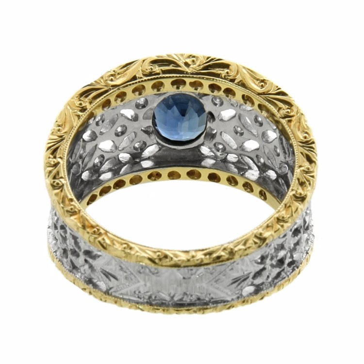 Anello Stile Antico Zaffiro BLU Diamanti ct 0,26 Oro 18 kt