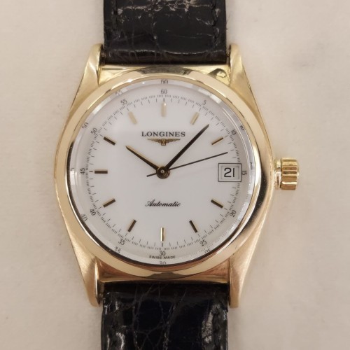 LONGINES L633.5 in Oro 18 kt pelle Automatico 35 mm quadrante Bianco indici e datario(int cassa 1101.20)