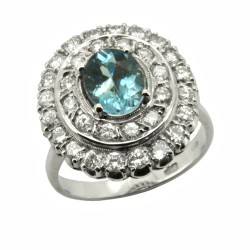 Anello Acquamarina Margherita ct 1,27 Diamanti ct 1,08 F VS Oro Bianco 18 kt gr 8,2