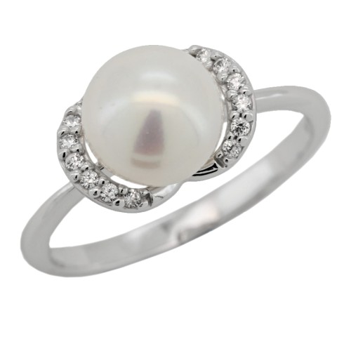ANELLO Perla 8,1 mm Zirconi Oro Bianco 18 kt 3,13 gr