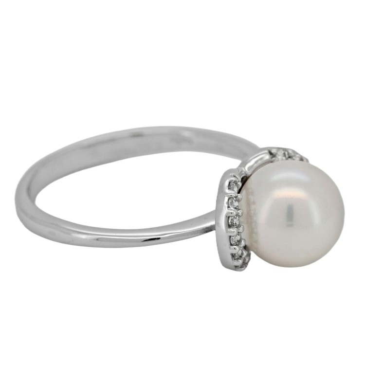 ANELLO Perla 8,1 mm Zirconi Oro Bianco 18 kt 3,13 gr