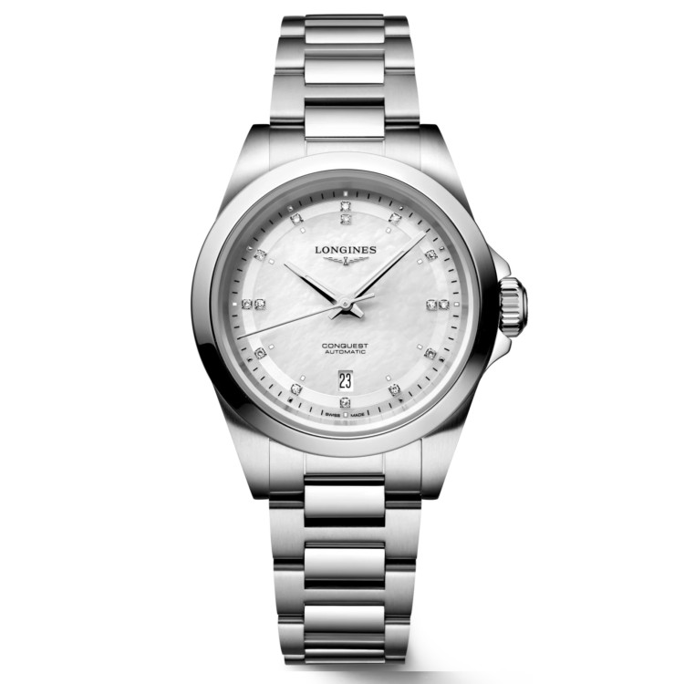 LONGINES CONQUEST L3.320.4.87.6 Automatico 30 mm Madreperla Diamanti Bracciale Acciaio