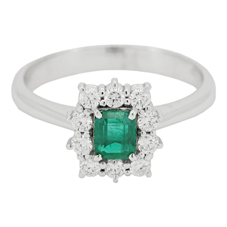 Anello Margherita Smeraldo Ottagonale ct 0,45 Diamanti ct 0,29 E VS Oro Bianco 18 kt 4 gr