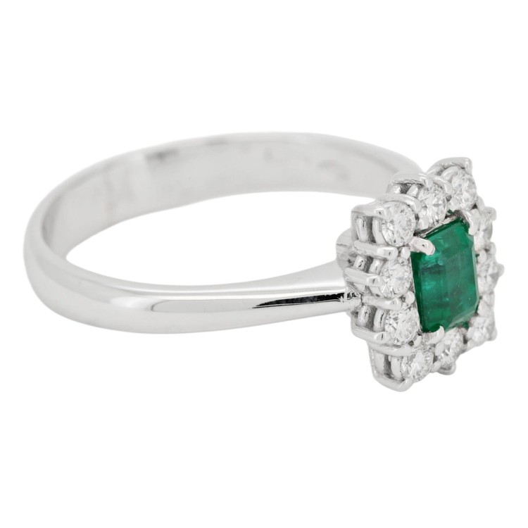 Anello Margherita Smeraldo Ottagonale ct 0,45 Diamanti ct 0,29 E VS Oro Bianco 18 kt 4 gr
