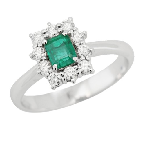 Anello Margherita Smeraldo Ottagonale ct 0,45 Diamanti ct 0,29 E VS Oro Bianco 18 kt 4 gr