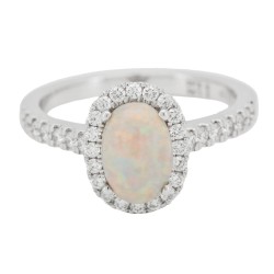 Anello Contorno Opale Bianco Australiano ct 0,80 Diamanti ct 0,42 F VS Oro Bianco 18 kt 3,97 gr 2