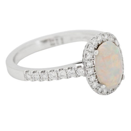 Anello Contorno Opale Bianco Australiano ct 0,80 Diamanti ct 0,42 F VS Oro Bianco 18 kt 3,97 gr
