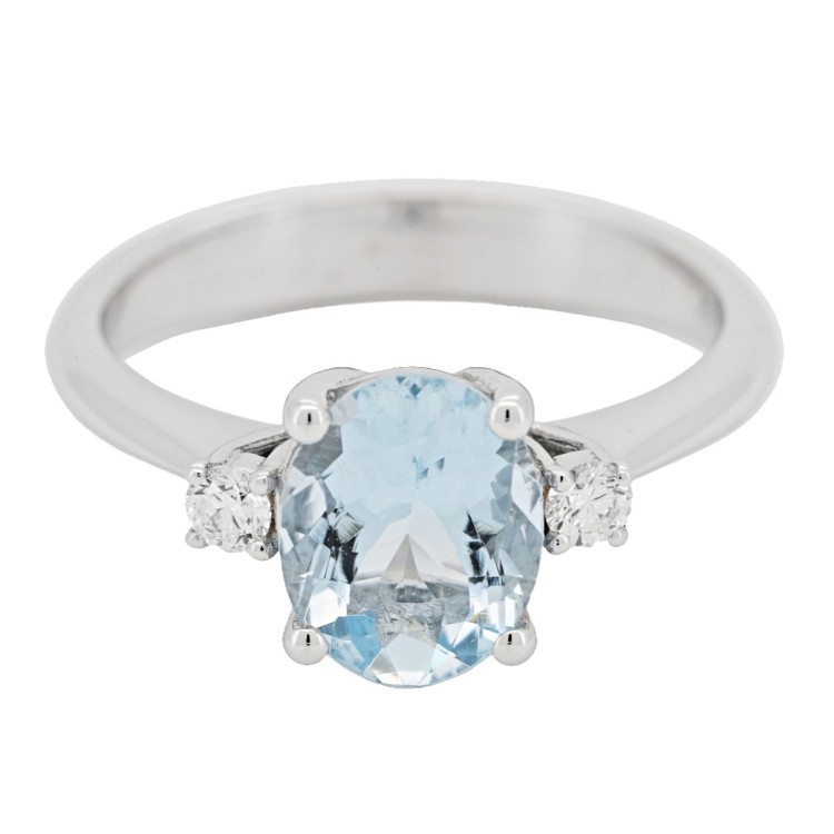 Anello Acquamarina Ovale 9 x 7 mm ct 1,57 e Diamanti ct . 0,12 F VS Oro Bianco 750 18 kt 4,15 gr