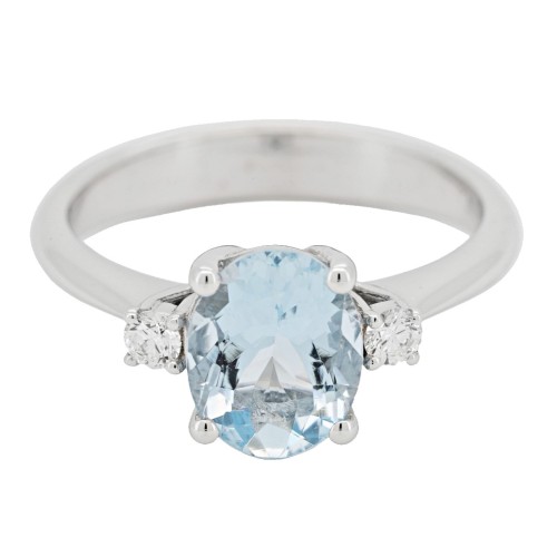 Anello Acquamarina Ovale 9 x 7 mm ct 1,57 e Diamanti ct . 0,12 F VS Oro Bianco 750 18 kt 4,15 gr