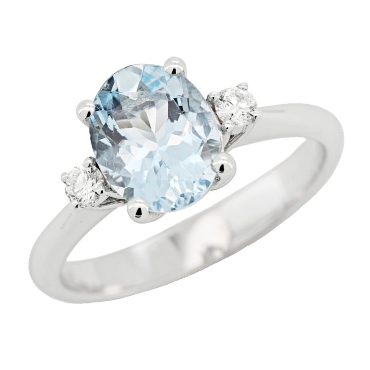 Anello Acquamarina Ovale 9 x 7 mm ct 1,57 e Diamanti ct . 0,12 F VS Oro Bianco 750 18 kt 4,15 gr