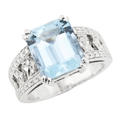 Anello Acquamarina Ottagonale 12 x 10 mm ct 4,95 Diamanti ct 0,32 Oro 18 kt 8,7 gr