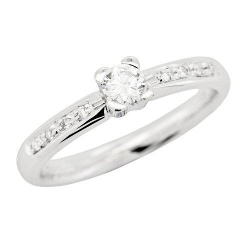 Anello Solitario Diamante ct 0,25 F VVs e Diamti sul gambo ct 0,05 F VS in Oro Bianco 18 kt 4,55 gr