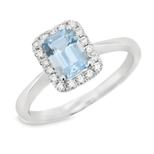 Anello Acquamarina Ottagonale 7 x 5 mm ct 0,99 Diamanti 0,21 EF VS Oro Bianco 18 kt 3,41 gr