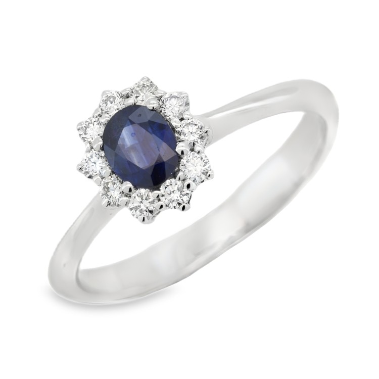 Anello Margherita Zaffiro Blu ct 0,45 Diamanti ct 0,21 EF VS Oro Bianco 18 kt 2,89 gr