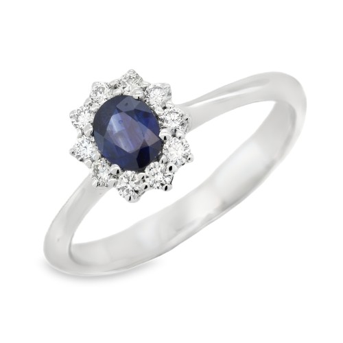 Anello Margherita Zaffiro Blu ct 0,45 Diamanti ct 0,21 EF VS Oro Bianco 18 kt 2,89 gr