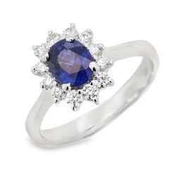 Anello Margherita Zaffiro Blu ct 0,97 Diamanti ct 0,39 F VVS Oro Bianco 18 kt 3,47 gr