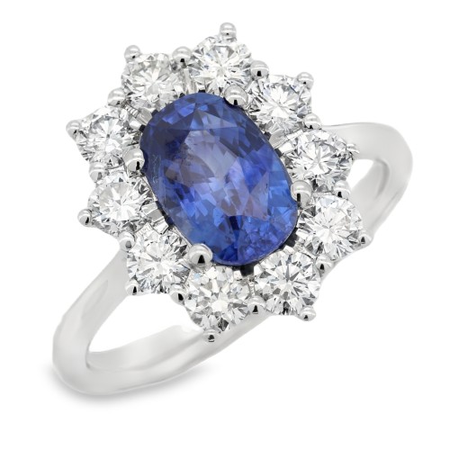 Anello Margherita Zaffiro Blu ct 1,99 Diamanti ct 1,04 F VS Oro Bianco 18 kt 4,70 gr