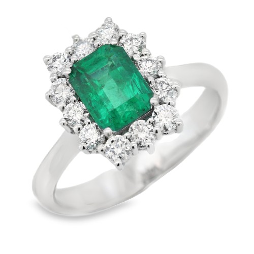 Anello Margherita Smeraldo Rettangolare ct 1,10 IGI  Diamanti ct 0,56 F SI1 Oro Bianco 18 kt 4,74 gr