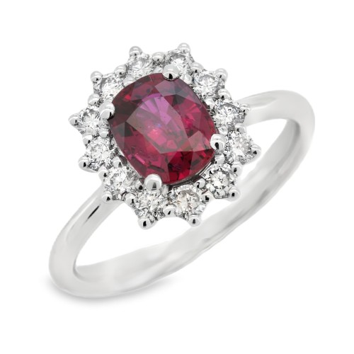 Anello Margherita Rubino ct 1,55 IGI Diamanti ct 0,50 EF VS Oro Bianco 18 kt 4,84 gr