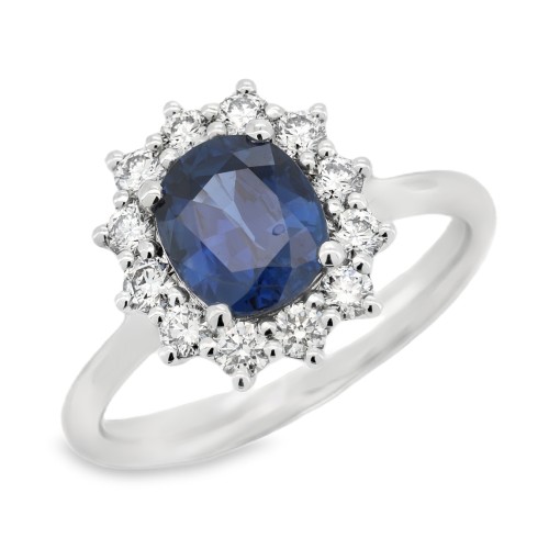 Anello Margherita Zaffiro Blu ct 1,61 IGI Diamanti ct 0,52 EF VS Oro Bianco 18 kt 4,93 gr