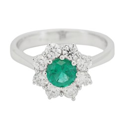Anello Margherita Smeraldo Rotondo ct 0,55 Diamanti ct 0,69 F VS Oro Bianco 18 kt 4,39 gr 2