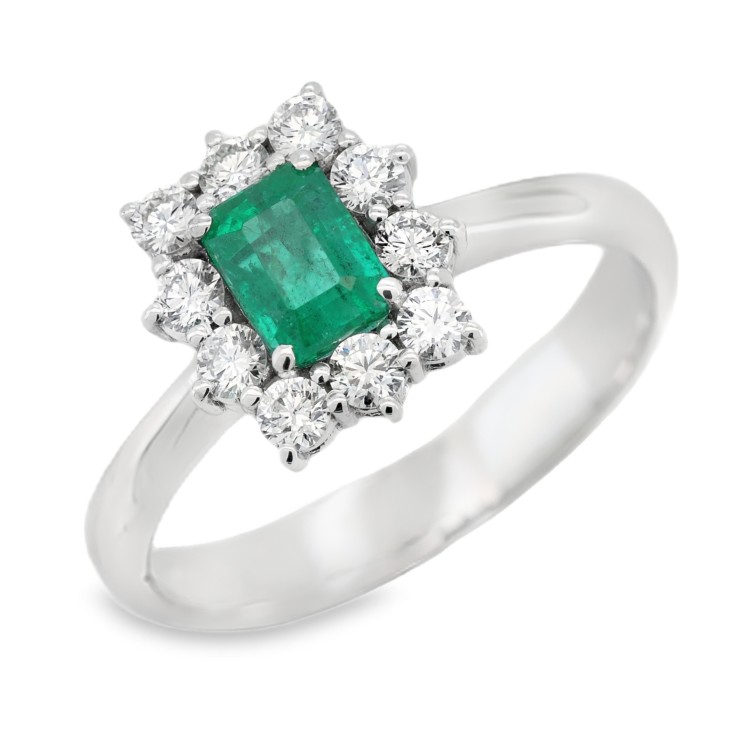 Anello Margherita Smeraldo Ottagonale ct 0,70 Diamanti ct 0,38 E VS Oro Bianco 18 kt 3,93 gr