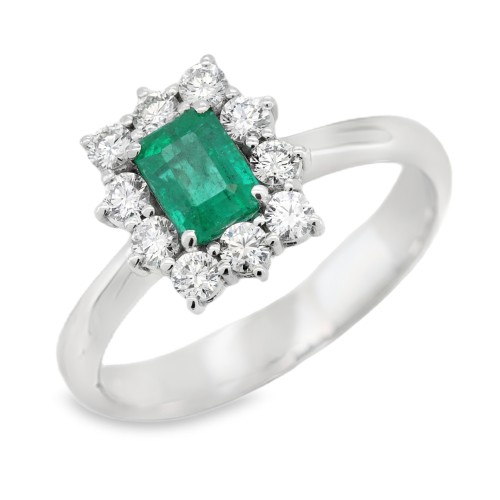 Anello Margherita Smeraldo Ottagonale ct 0,70 Diamanti ct 0,38 E VS Oro Bianco 18 kt 3,93 gr