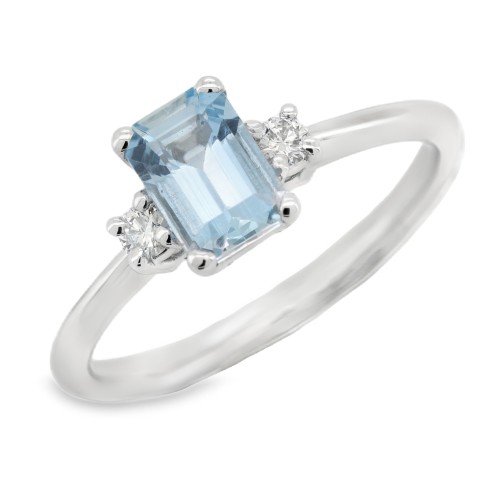 Anello Acquamarina Ottagonale 7 x 5 mm ct 0,89 Diamanti 0,09 F VS2 Oro Bianco 18 kt 3,12 gr