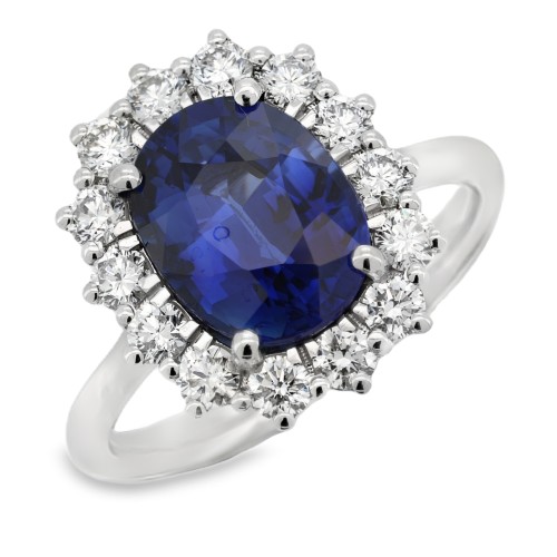 Anello Margherita Zaffiro Blu ct 3,71 IGI Diamanti ct 0,81 EF VS Oro Bianco 18 kt 5,79 gr