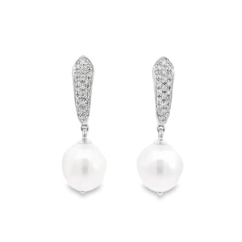 Orecchini Pendenti Perle Acqua Dolce 10-10,5 mm Diamanti ct 0,268 Oro 18 kt