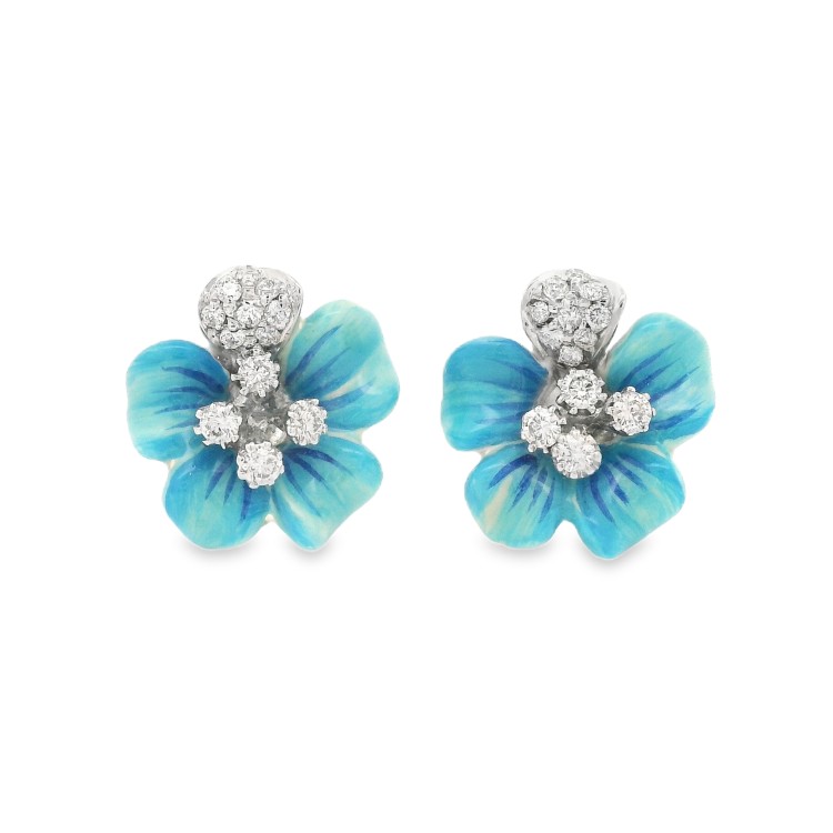 Orecchini a Fiore Smalti e Diamanti ct 0,26 F VVS  misure 11,5 x 11,5 Oro Bianco 18 kt 5,5 gr