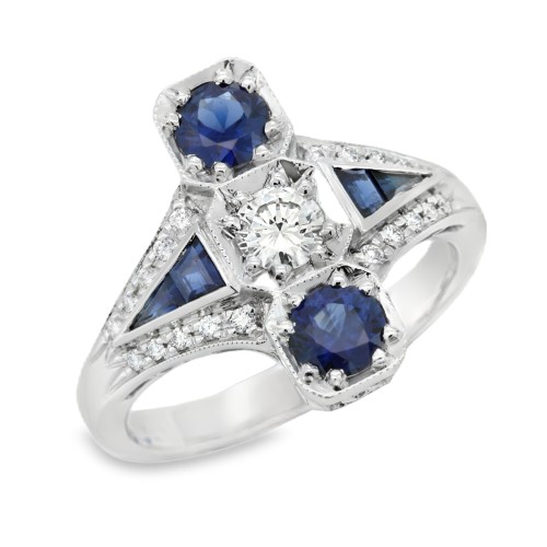 Anello Stile Antico ART DEC0 Zaffiro Blu Diamanti ct 0,22 + 0,10 F VVS Oro 18 kt