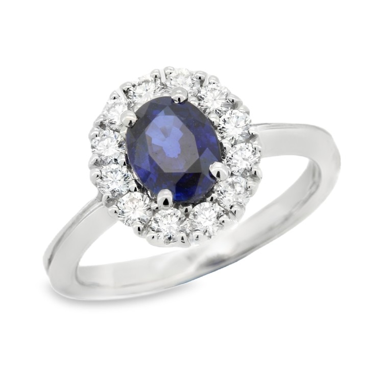Anello Margherita Zaffiro BLU termodiffuso ct 1,00 Diamanti ct 0,36 FG VS2 Oro 18 kt 4,41 gr