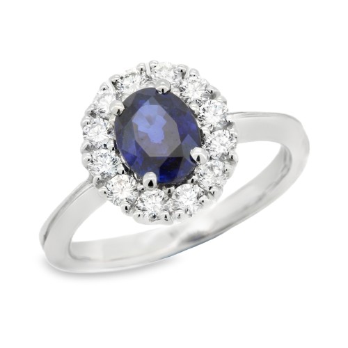 Anello Margherita Zaffiro BLU termodiffuso ct 1,00 Diamanti ct 0,36 FG VS2 Oro 18 kt 4,41 gr