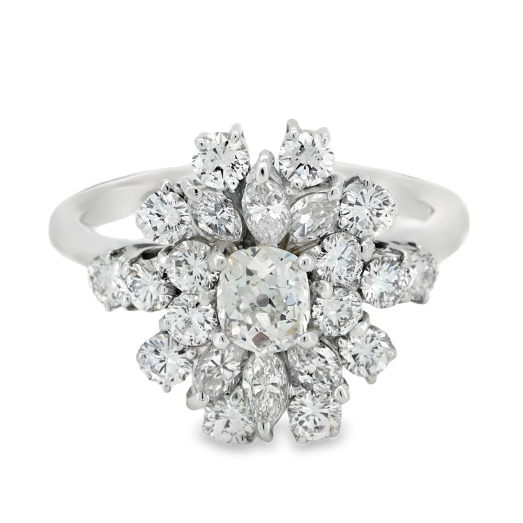 Anello Diamanti Cristallo di Neve Margherita Cuscino ct 0,49 G VS2 + Brillante ct 1,17 EF VVS Oro 18 kt 5,80 gr